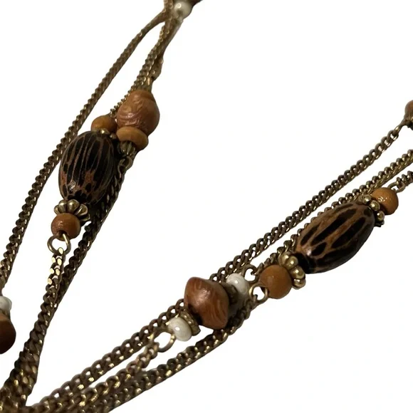 Gold Donut Indented Metal Pendant Wood + White Bead Necklace - Picture 2 of 3